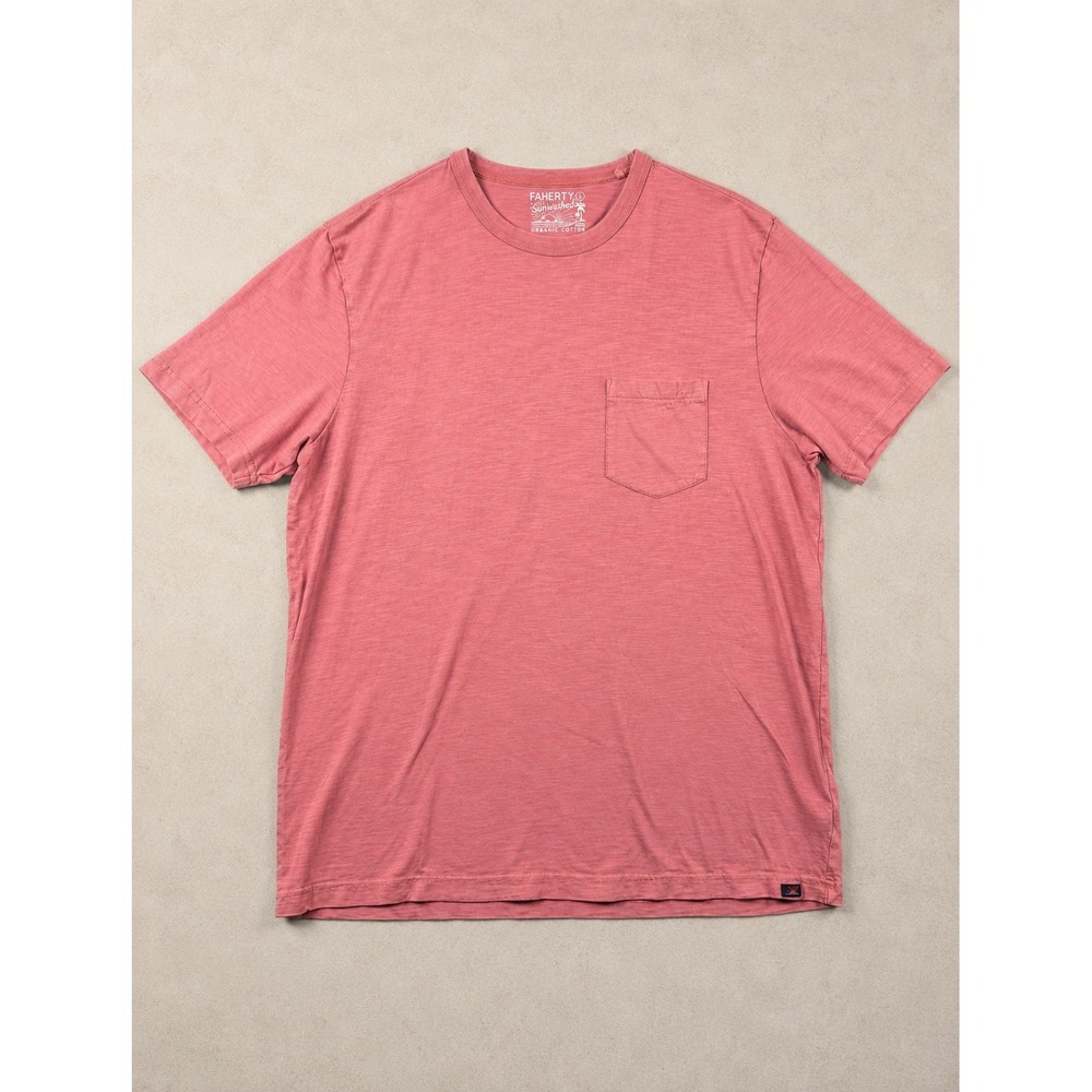 Faherty Sunwashed Organic Cotton Pocket Tee Shirt Large Pink Coral Short Sleeve